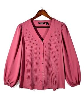 Dennis Basso Dusty Rose Rhinestone Blouse Button Front Georgette XS